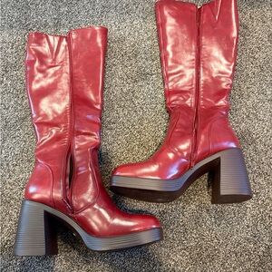Red Leather Knee-High Boots